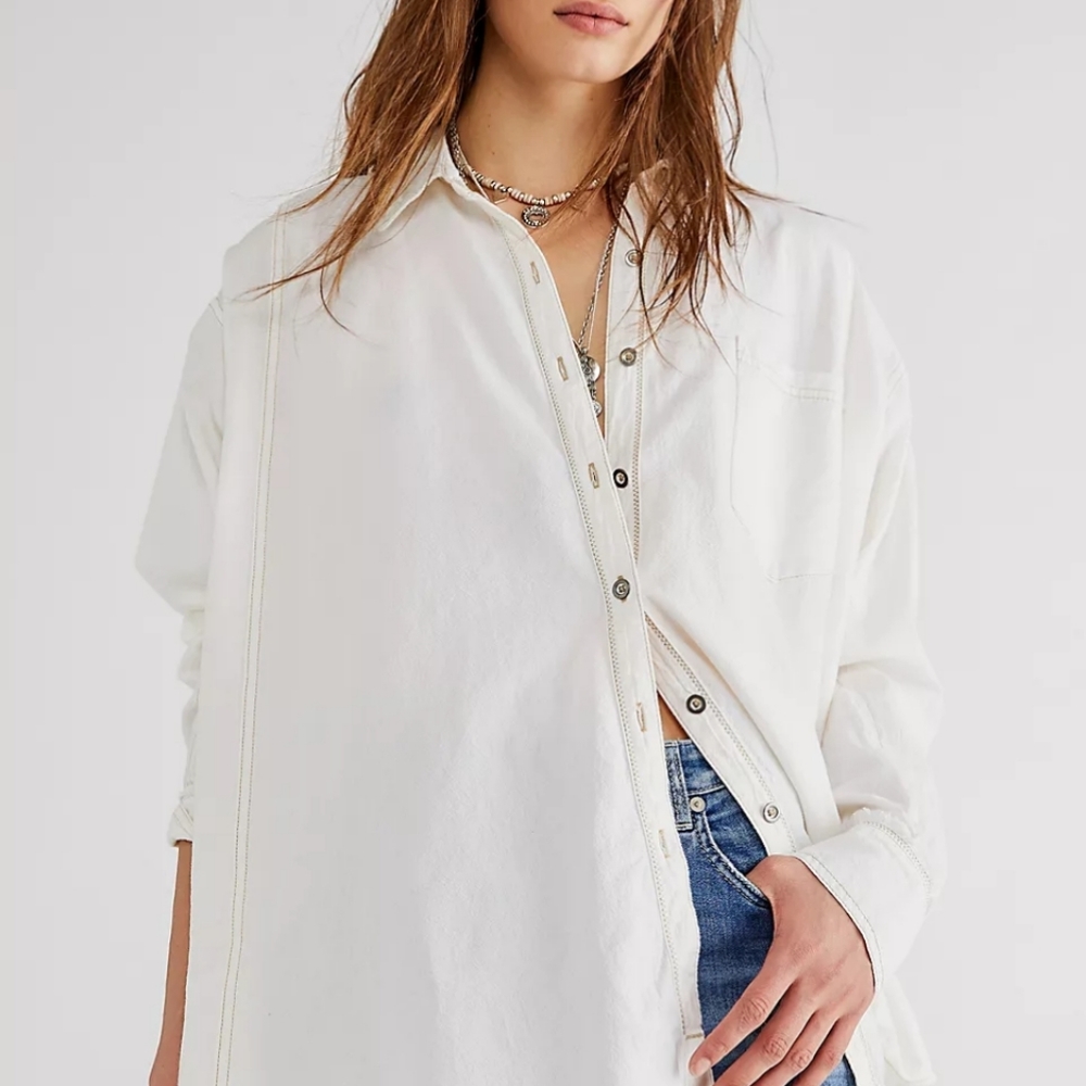 Free People Cream Oversized Button-Front Shirt